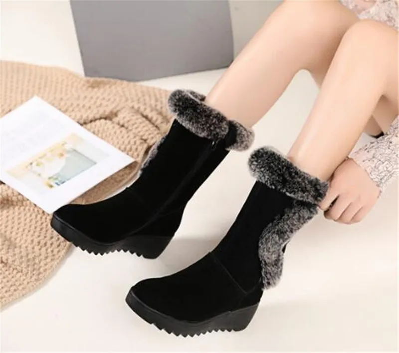 New Rabbit Fur Decoration Scrub Cowhide Leather Boots In-bube Boots Women Shoes Boots Warm Shoes Flat Wedges Non-slip Snow Boots