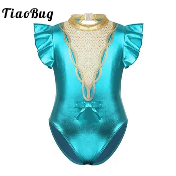 

TiaoBug Kids Girls Metallic Shiny Sequins Short Flutter Sleeves Ballet Gymnastics Leotard Child Stage Performance Dance Costume