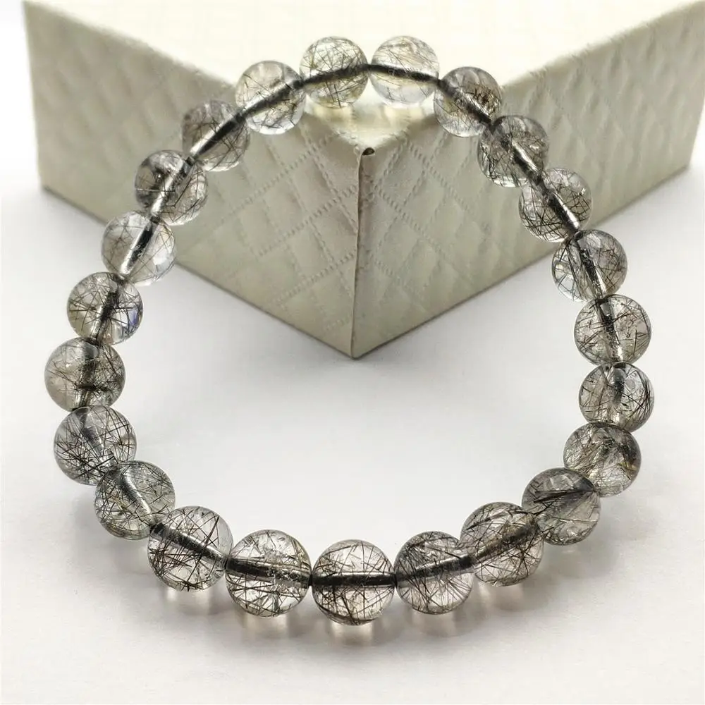 

8mm Natural Black Rutilated Quartz Crystal Women Men Bracelet Clear Round Beads Wealthy Stone From Brazil AAAAA