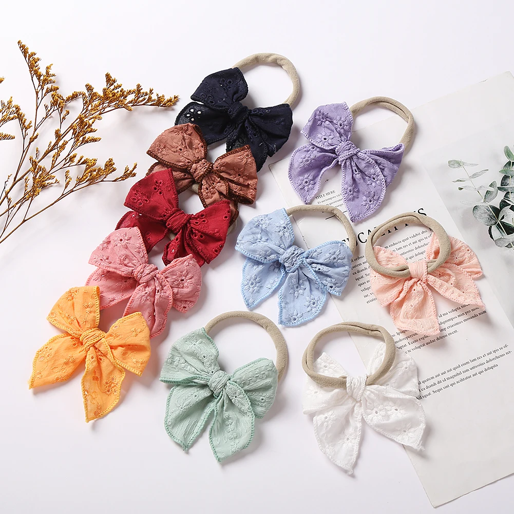 Sweet Solid Lace Embroidery Headband for Baby Boy Girl Summer Princess Hair Bow Tie Nylon Bands Boutique Elastic Kids Headwear baby accessories diy