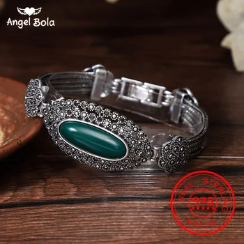 

Black Crystal Big Oval Green Gem Bangle Jewelry Vintage Accessories 925 Silver Bracelet Personality Party for Women Gift