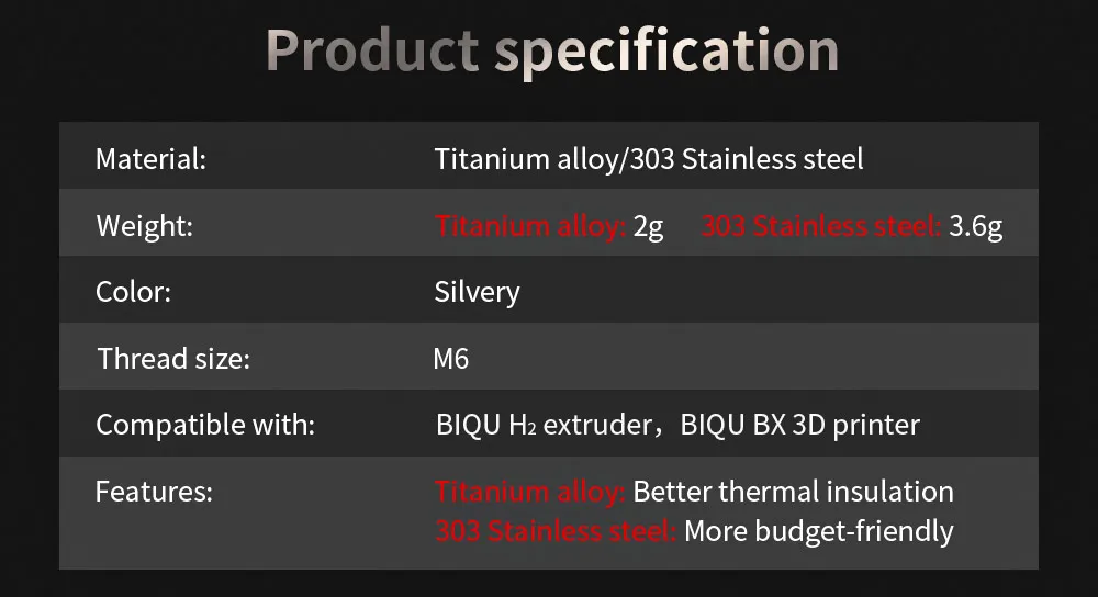 BIQU H2 Extruder All Metal Heatbreak Titanium Alloy Stainless Steel Throat 3D Printer Parts For B1 Ender 3 V2.0 Upgrade Hotend