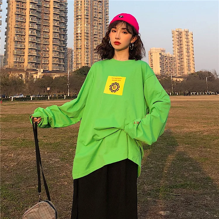 Harajuku модная футболка для женщин осенняя одежда корейский стиль Ulzzang хип хоп длинный рукав футболка Женская Повседневная зеленая футболка