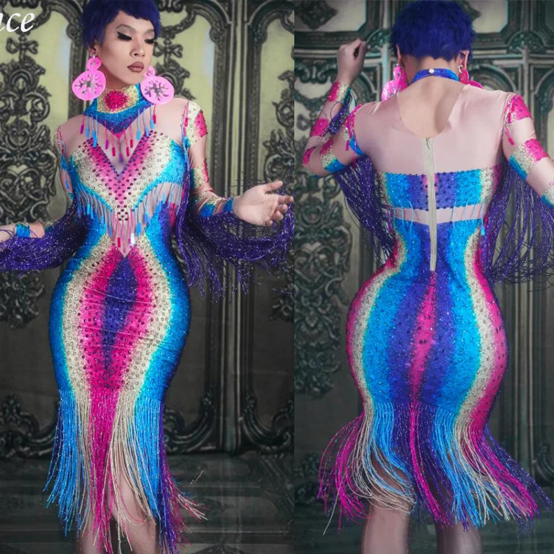 

Sexy Colorful Rhinestones Fringes Perspective Dress Evening Celebrate Spandex Dresses Tassel Costume Dance Dress
