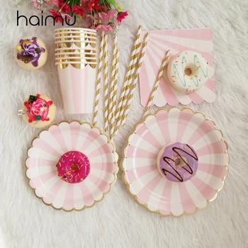 

Gilding Striped Pink Disposable Tableware Set Birthday Party Baby Shower Favor Paper Drinking Straws Wedding Party Supplies