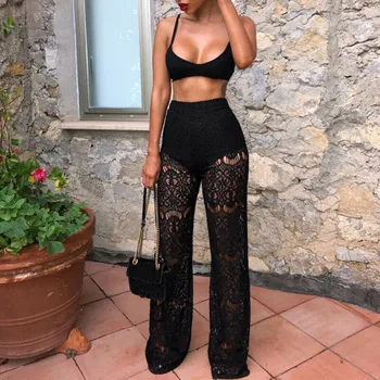 

Sexy Women Beach See-through Mesh Sheer Lace High Waist Elastic Sheer Wide Leg Long Pants Trousers Bikini Cover Up S-L