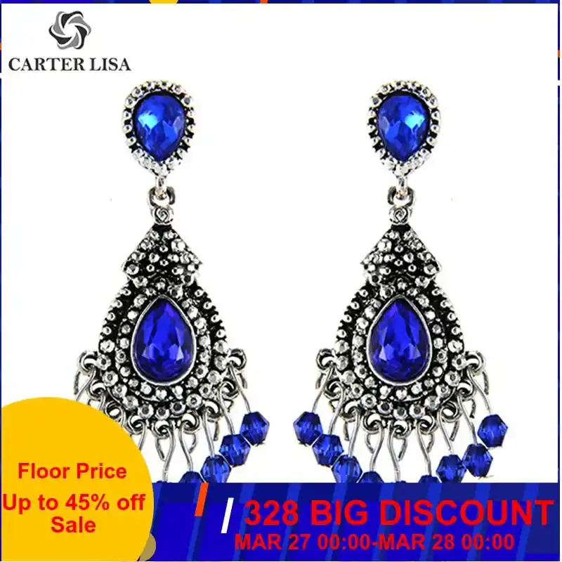 Carter lisa azul/prata cor lustre de cristal brincos longos para as mulheres strass pendurado brincos de casamento nupcial jóias