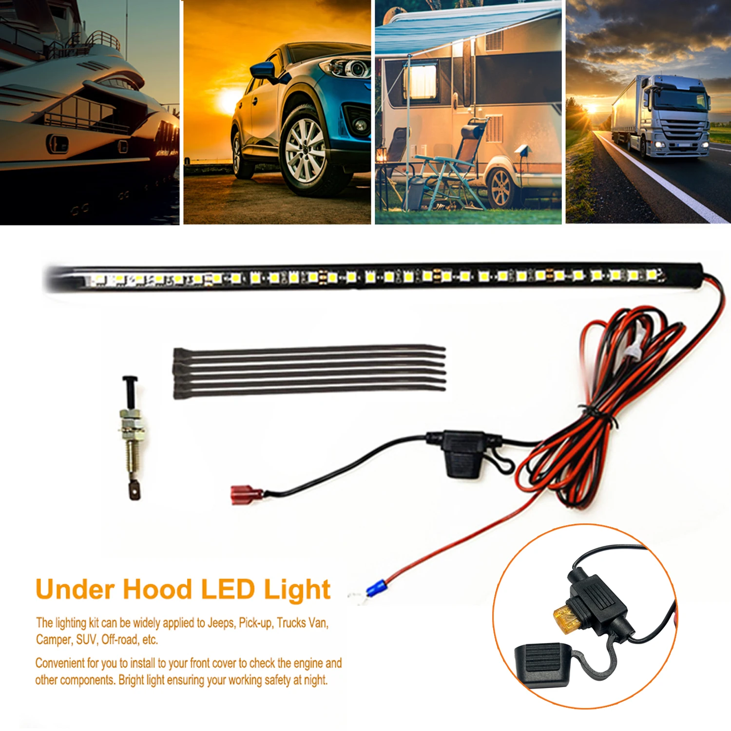 Car LED Strip Light White Under Hood Led Light Kits Automatic Switch ON/OFF  Waterproof Led Light Strips Universal for Most Car - AliExpress, image size:1500x1500