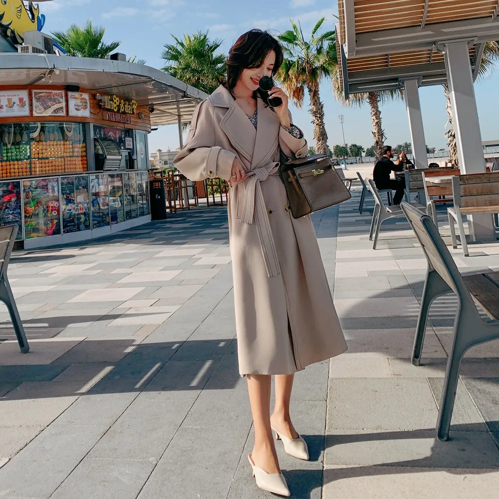 

Photo Shoot French Hepburn Elegant Waist Hugging Lace-up Long Trench Coat 2020 Spring New Style Women's Retro Laziness-Style Coa