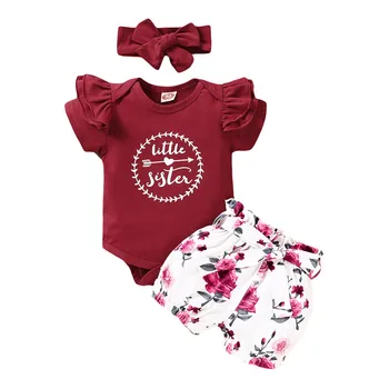 

0-18M Newborn Girls 3pcs Set Infant Baby Girl Little Sister Letter Romper Tops Jumpsuit Pants Headband Baby Girls Clothes Set