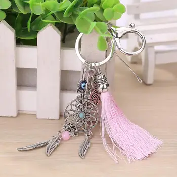 

Women Handmade Natural Stone Keychain Dream Catcher Keyring Tassels Feather Keychain Silvery Boho Jewelry Keychain Gift