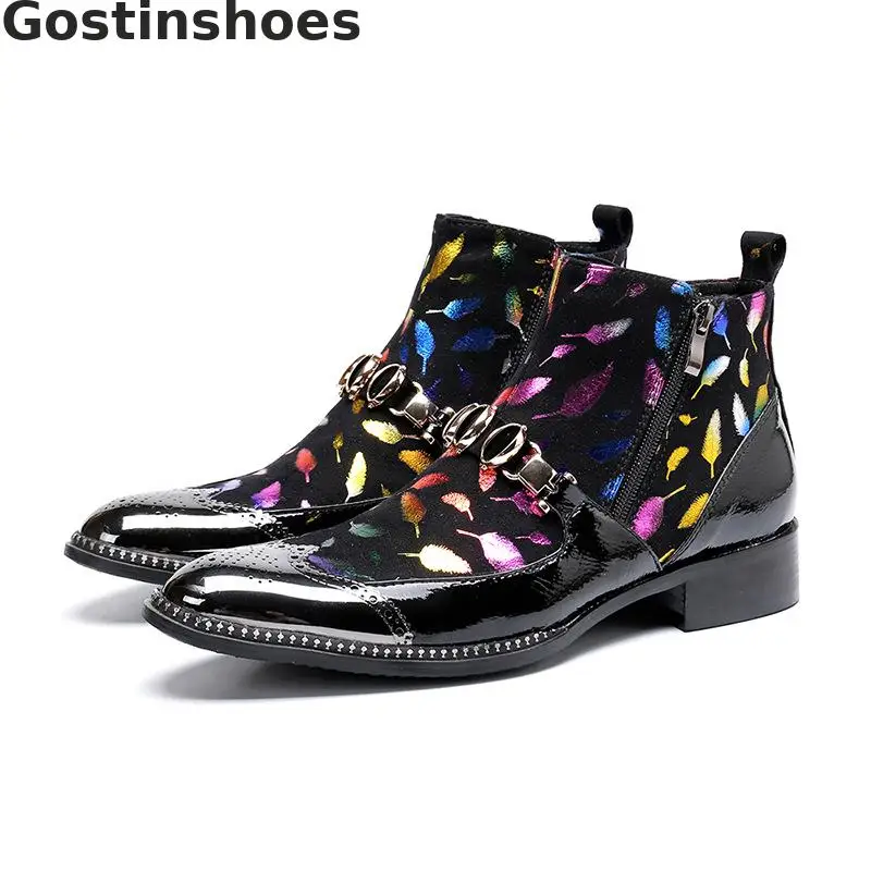 

Fashion Men Boots Genuine Leather Feathers Printed Metal Captoe Pointed Men Casual Leather Boots Low Heel Men Ankle Boots Short