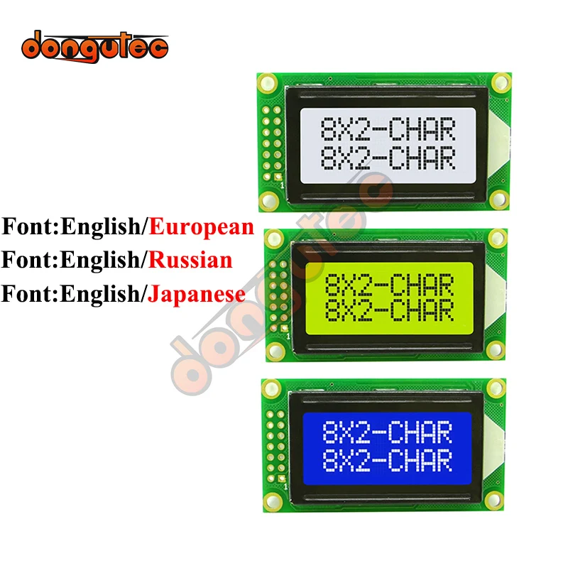 Modulo Lcd 8X2 0802 Schermo Di Visualizzazione Caratteri 0802E Blu/Giallo Verde/Grigio Inglese/Russo/Giapponese/Europeo