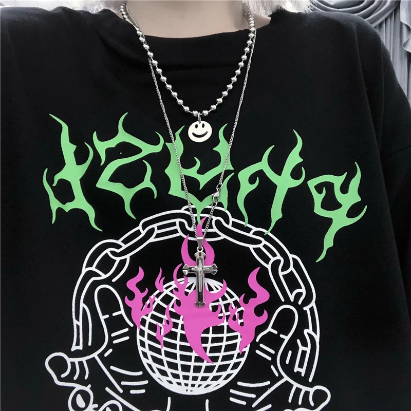 Корейский ins хип хоп Ulzzang Футболка с принтом дропшиппинг панк улица Винтаж harajuku camisas черный поддельные две одежды Топы женские футболки