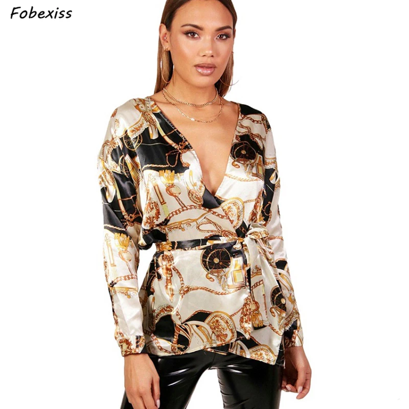 

Women Blouses Long Sleeve Office Printing Chain Oversize Fashion Collar Modis Style With Sashes Slim Princess Girl Shirts