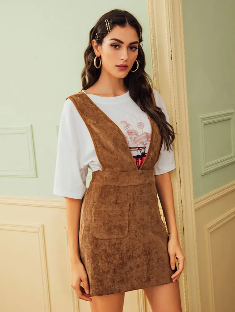 Fashion Women's Bodycon Dress Shoulder Straps High Waist Overall Suspender Dress with Pocket Vintage Autumn Dress Clothes
