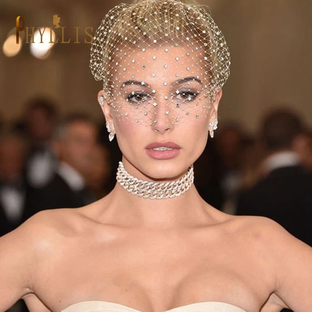 JM06 White Black Bridal Headband Veil Crystal Birdcage Veil Face Net Mask Bling White Diamante Hair Hoop Headpiece Face