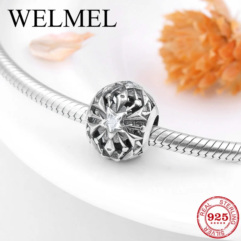 

925 Sterling Silver like Five-pointed star sparkling crystal clear CZ beads Fit Original Pandora Charm Bracelet Jewelry making