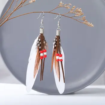 

Wholesale Natural Feather Earrings for Women with Wood Beads Long Bohemia Jewelry Party Gifts Dropshipping 2020