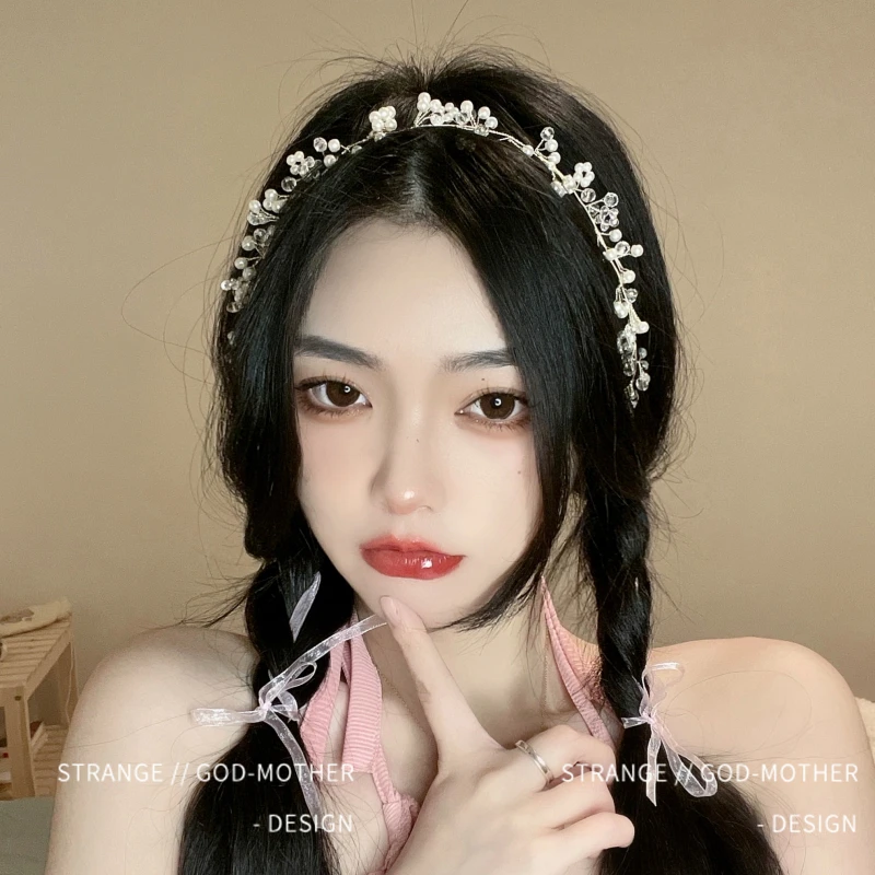 

French style retro crystal bead headband female summer pearl super fairy son headband flower temperament hair clip jewelry