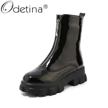 

Odetina Women New Round Toe Platform Patent Leather Short Boots Female Front Zipper Strange Style High Heel Winter Ankle Boots