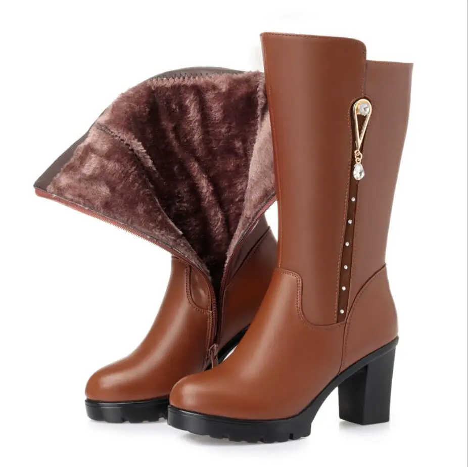 Brown velvet Женские зимние ботинки новые женские ботинки из натуральной кожи теплые шерстяные ботинки на высоком каблуке размера плюс 43 Модные женские Ботинки martin; D395 - Цвет: Brown velvet