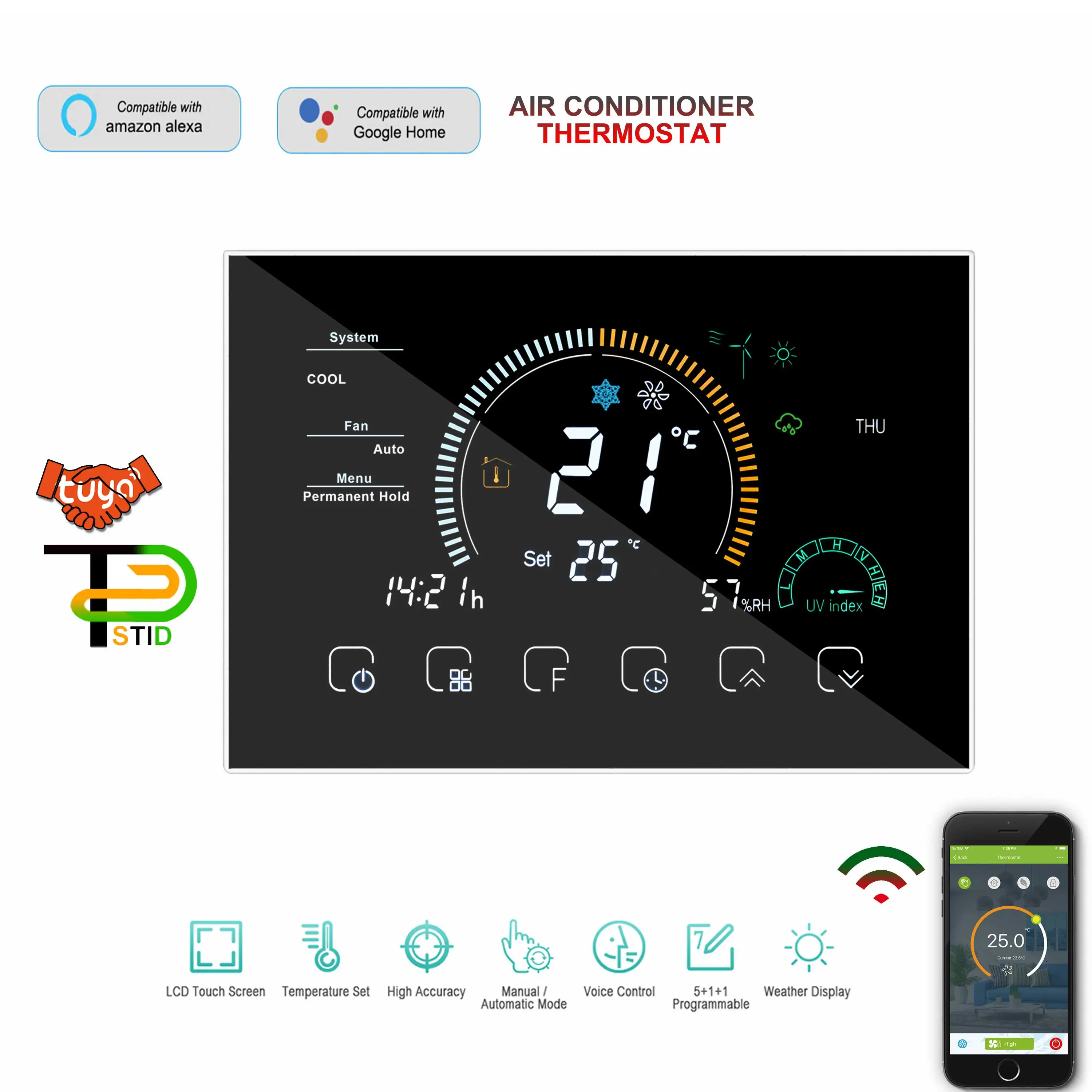 

EU 4.8 Inch Wifi Smart Thermostat for Adjustable Cooliing heating 1-Valve/2-Valve Multifunction City Weather Index