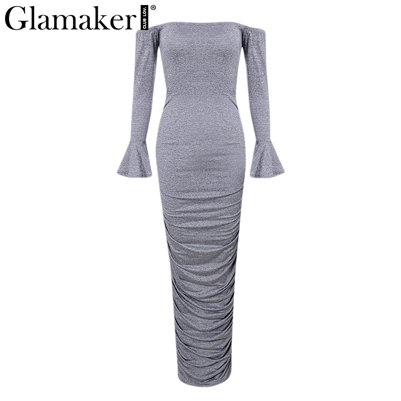 Glamaker сексуальное платье с открытыми плечами с вырезом лодочкой осенние вечерние платья с баской и бантом элегантные расширяющиеся к низу рукава зимние длинные платья