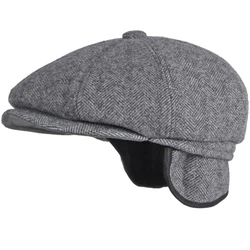 HT3717 Beret Thick Warm Autumn Winter Hat Men Octagonal Newsboy Cap Male Earflap Flat Cap Artist Painter Beret Hat Ivy Beret Cap