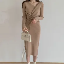 

Knit Dress Ladies Temperament V-neck Drawstring Autumn And Winter Long Knitwear Slimming Inside Sweater Dresses Elegant Fashion