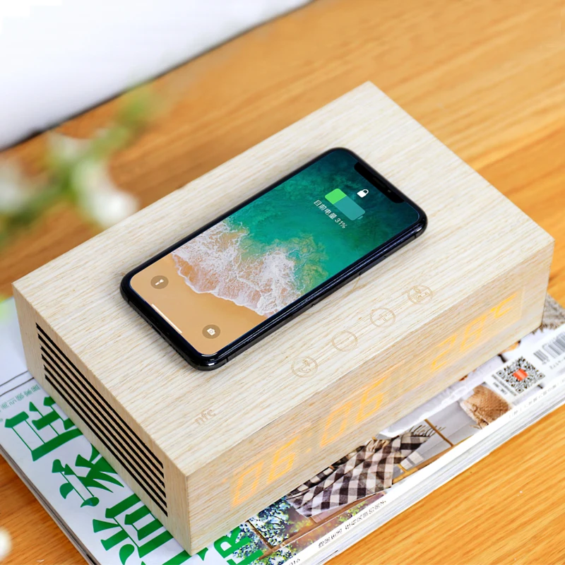 

Homtime Wireless Charging Bluetooth Speaker Alarm Clock with Wood Grain Design SpeakerS and Bright LED Display For iPhone X