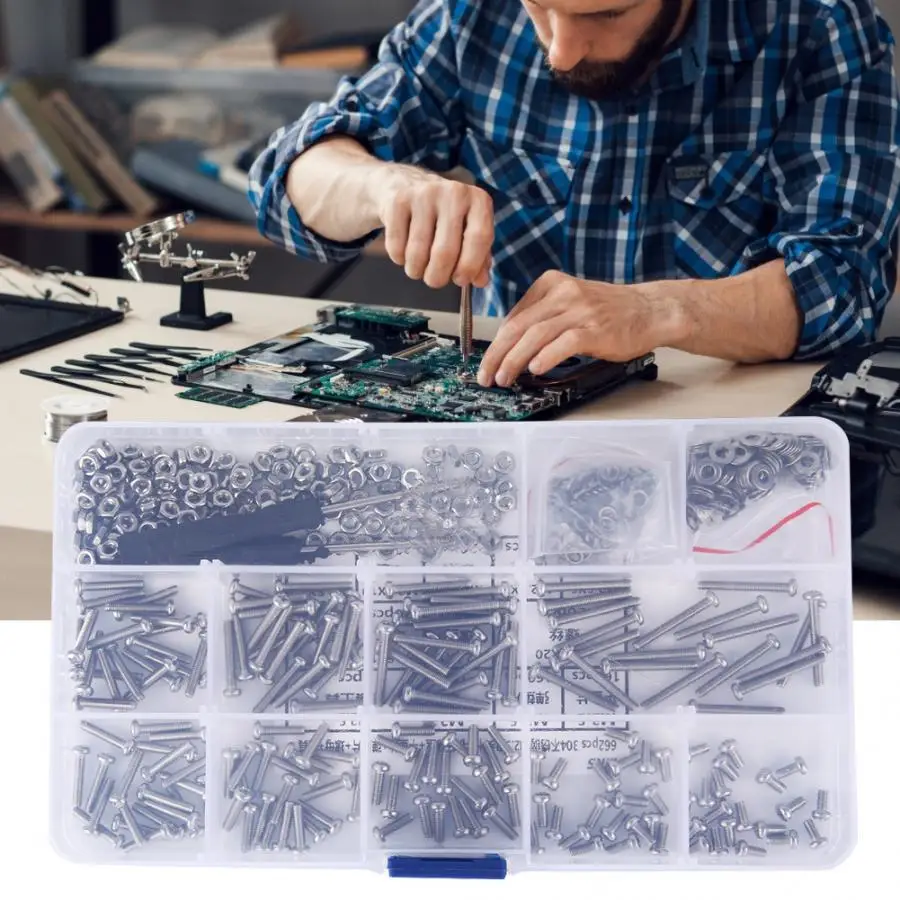 

662PCS/set M2.5 Screw Set 304 Stainless Steel Pan Machine Screw+Flat/Elastic Washer+Nut plastic screw
