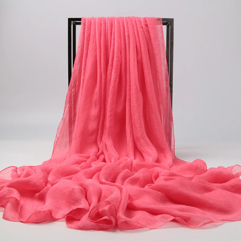 Plus Size 200*150 Cm Womens Solid Color Silk Scarves Long Chiffon Scarf Light Thin Sunscreen Shawl Summer Ladies Beach Scarf - Color: Watermelon red