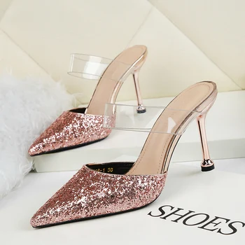 

High heels sandals pointed toe sequined hollow transparent strap metal middle heel fashion party dress shoes spring the new