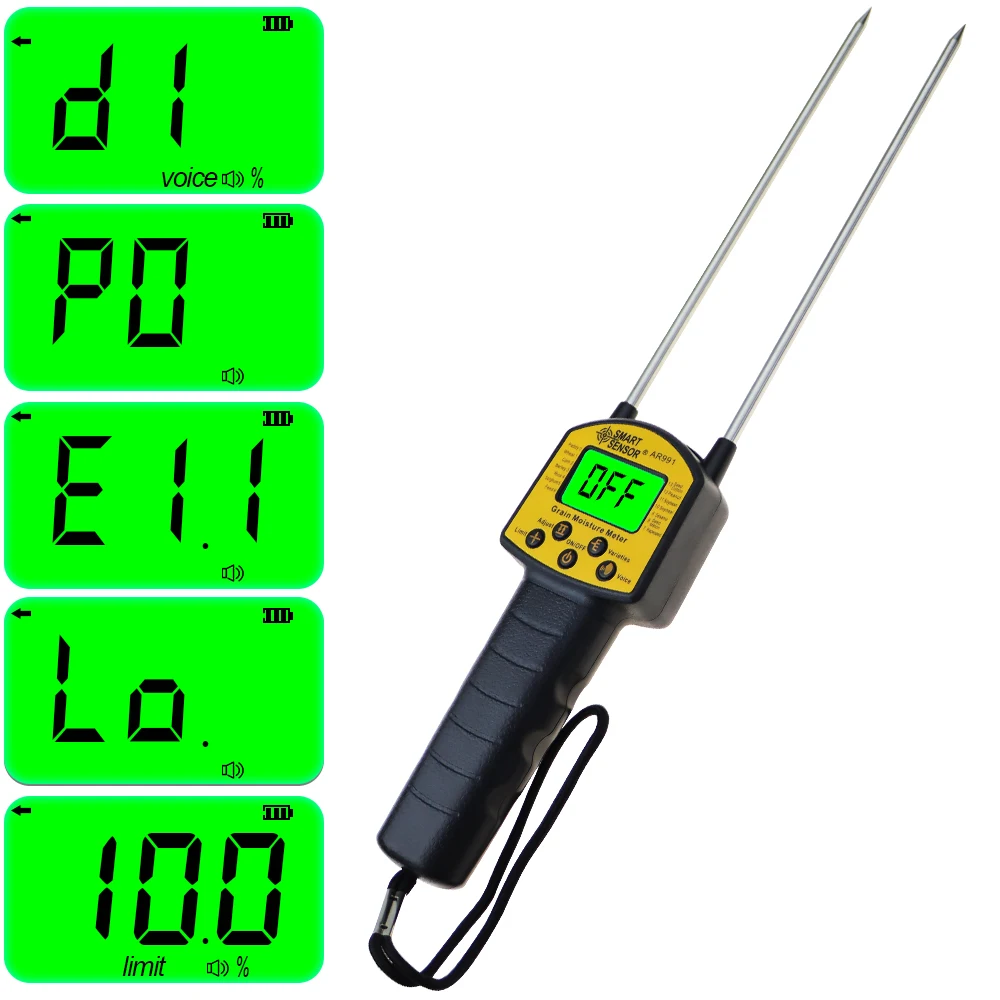 Sensor inteligente AR991 Medidor de humedad de grano digital para el grano de frijol de arroz de trigo de maíz Yello y negro Sensor inteligente AR991 Medidor de humedad de grano digital para el grano de frijol de arroz de trigo de maíz Yello y negro