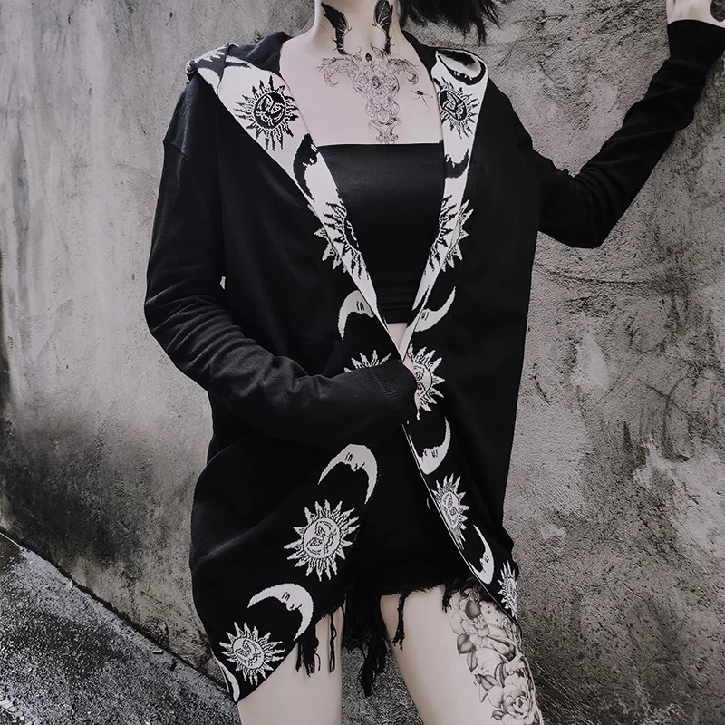 Готический Женский Тренч винтажный с длинным рукавом и вышивкой Солнца и Луны, вязаная верхняя одежда, пальто, новая мода, панк, темно-черное пальто для женщин
