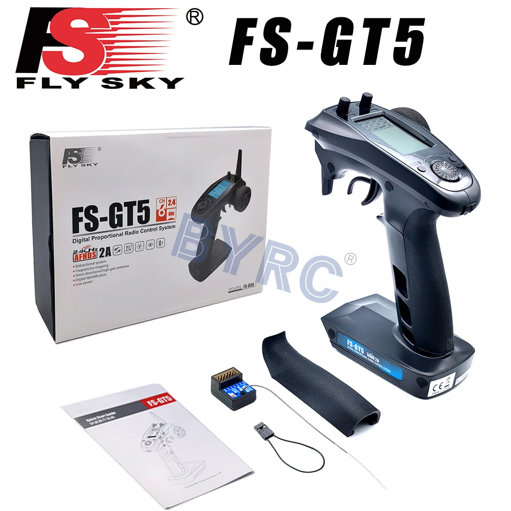 HOBBYMATE – Émetteur Flysky FS GT5 6 Canaux 2,4 GHz Avec Récepteur Gyroscopique FS-BS6 – AFHDS 2A, ABS, F.Safe, Crawl, SVC, Mémoire 20 Modèles