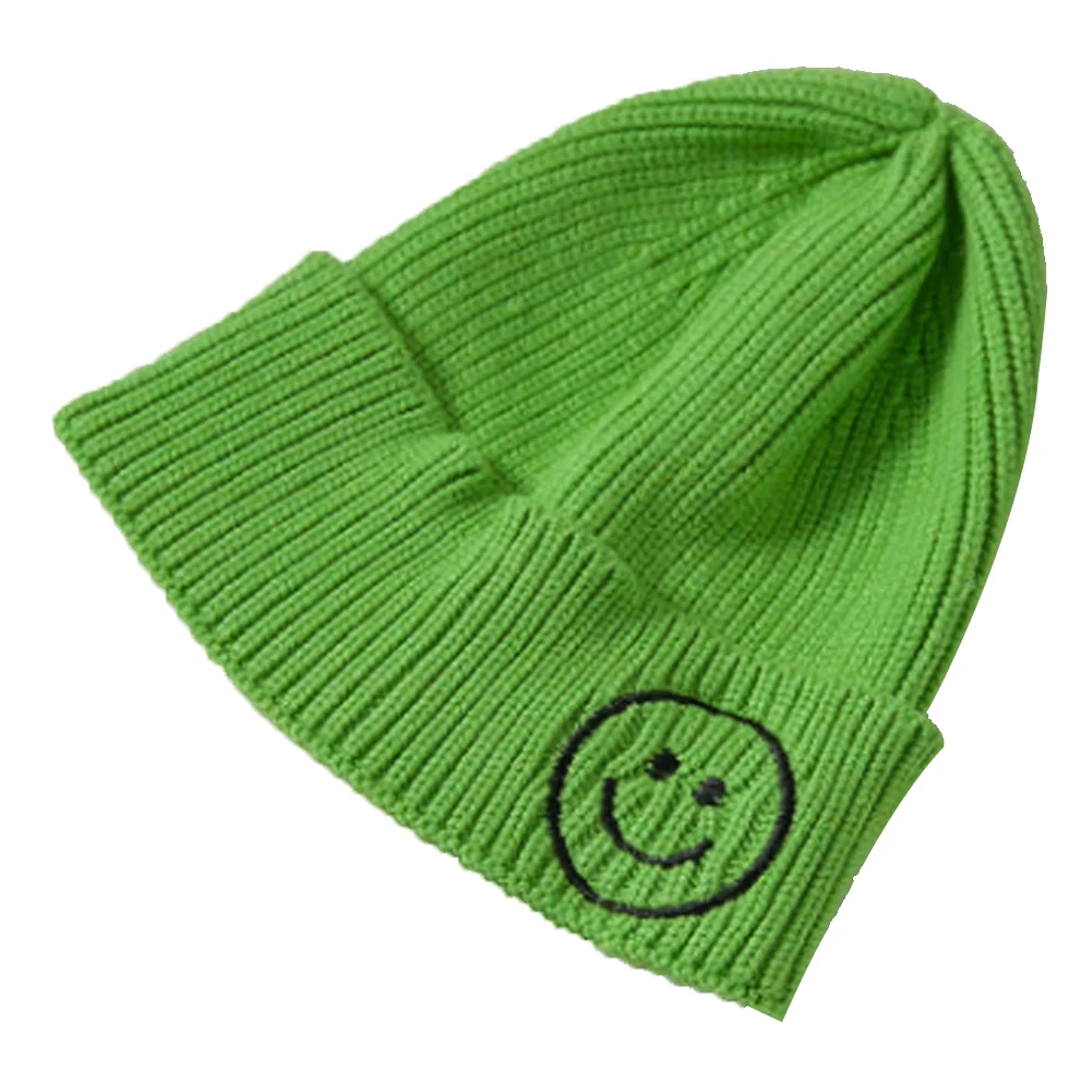 HOT 1Pcs Warm Wool Knit Elasticity Hat Kid Boy Girl Autumn Winter Embroidered Smiley Hat 6M-8T - Цвет: Зеленый