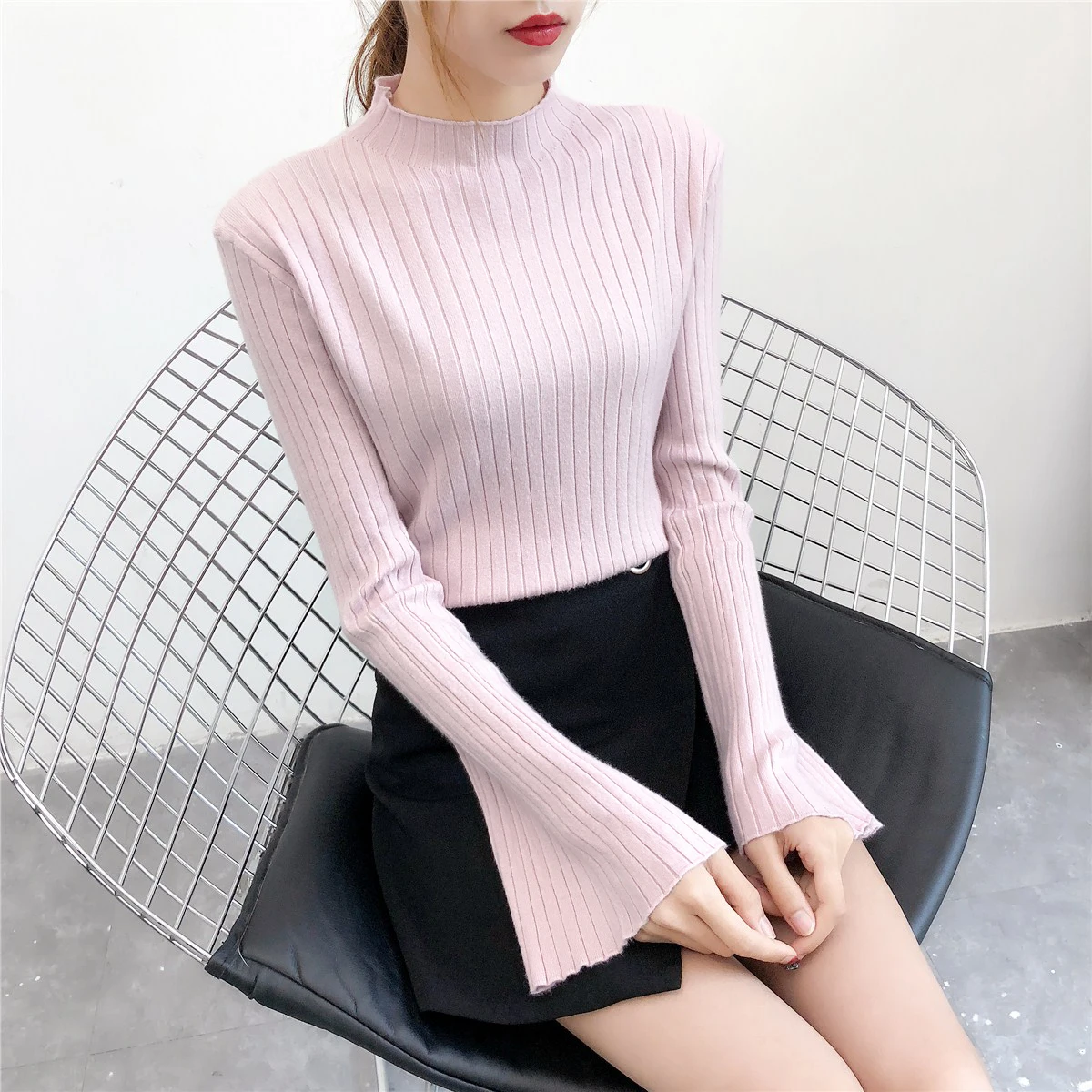 2019 Fashion Women Sweaters Computer Knitted O-Neck Flare Sleeve Solid Winter Clothing Sweater And Pullovers | Женская одежда