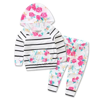 

Baby Girl Clothes Set 2020 Autumn New Two-piece Baby Girl Strip Rose Sweater Hooded Shirt with Long Pants Trouser Suit