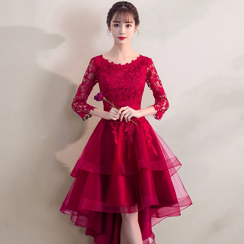 Robe de soiree, длинный рукав, бургундское, красное, элегантное, официальное, вечернее платье, кружевное, с аппликацией, короткое спереди, длинное сзади, платья для выпускного вечера