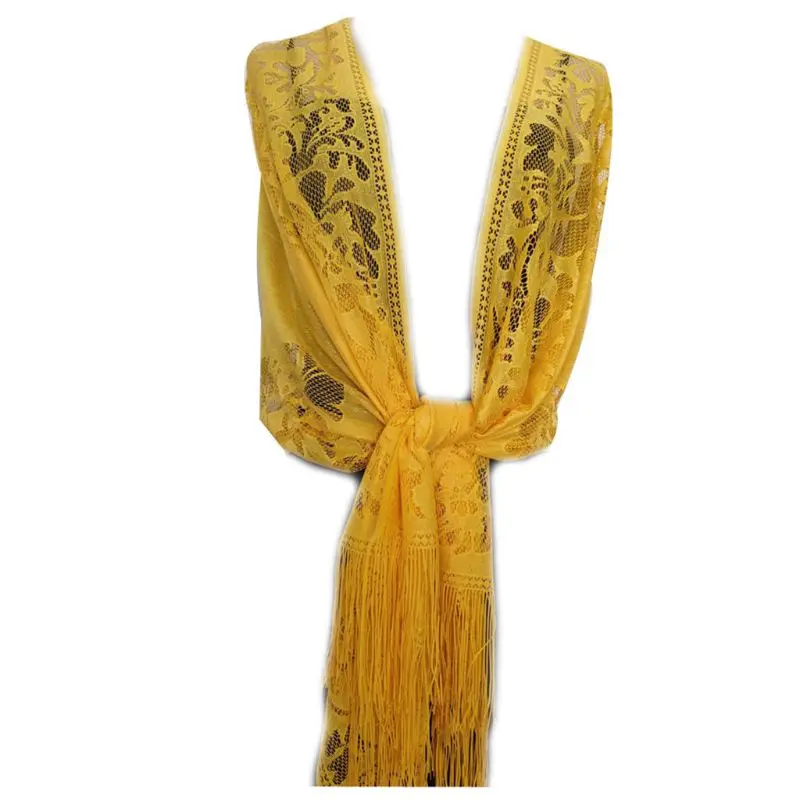 Yellow 185x63 см, женский шарф 1920 s, Ажурные вязаные крючком цветочные кружева, бахрома, кисточки, свадебная накидка, вечерняя винтажная шаль - Цвет: Yellow