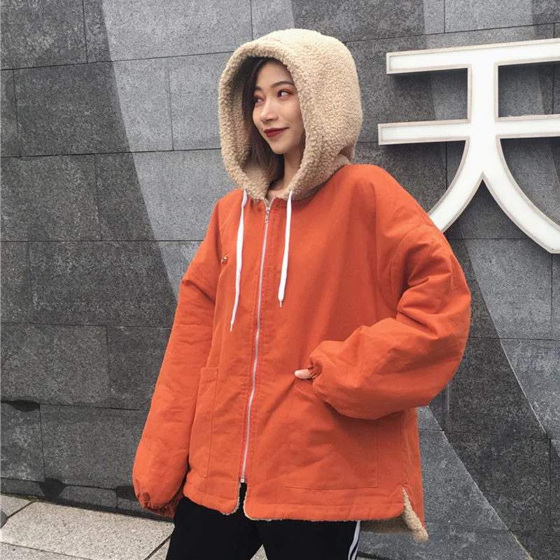 

College Style Lambs Wool Hooded Cotton Clothes Female Winter 2019 New Style Korean-style Versatile Loose-Fit Padded Jacket