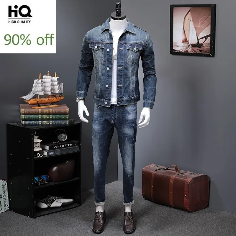 

Spring New Men Set Korean Slim Embroidery Denim Jacket + Jeans Two Pieces Set Street Style Animal Print Denim Short Coat Male