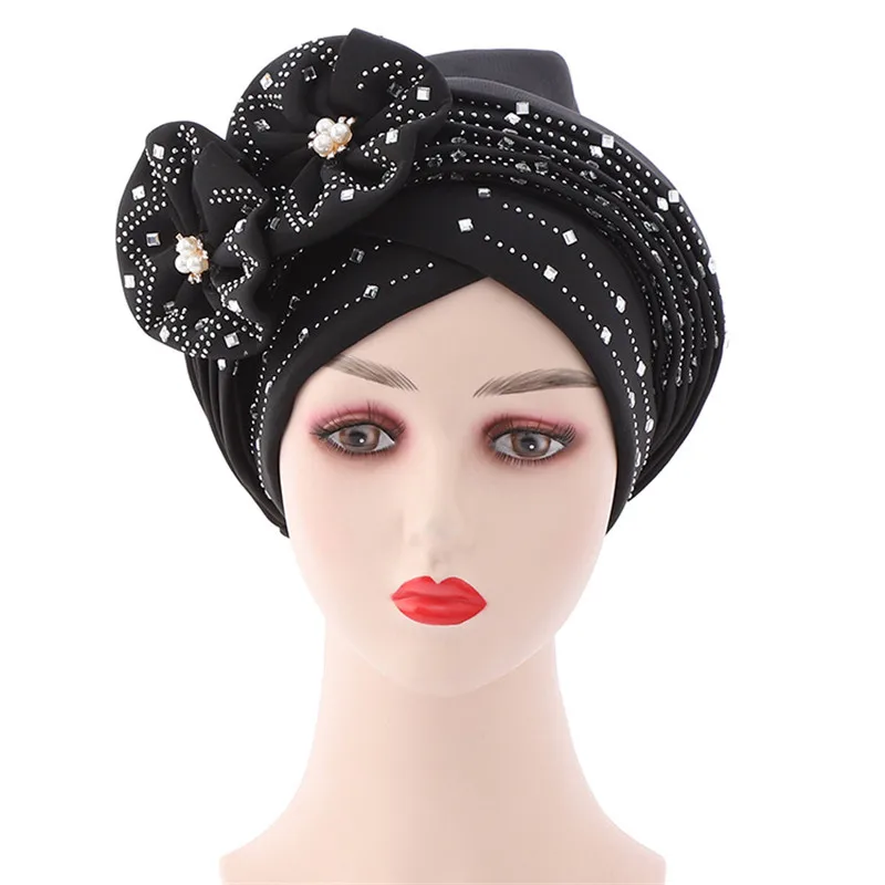 Luxurious Diamonds Ladies Turban Bonnet Ready to Wear African Headties Hat Wedding Autogele Female Head Wraps Turbante Mujer