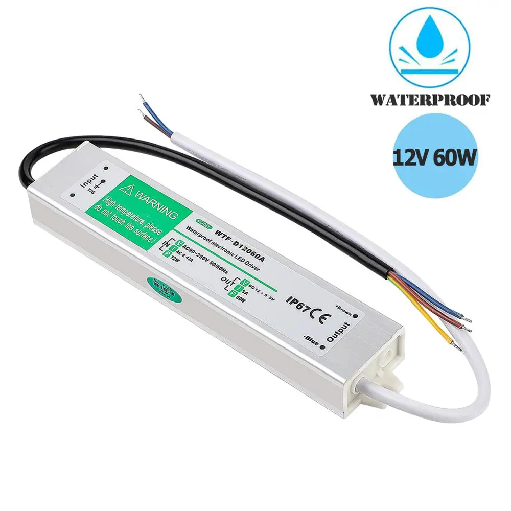 

AC 90V-250V to DC 12V 5A 60W LED Power Supply Driver Electronic Transformer Converter Waterproof IP67 Step Down Buck Module