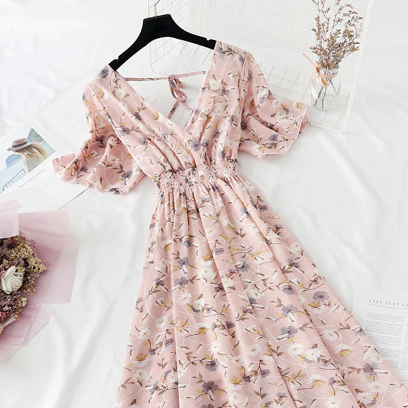 2022 Summer Women Ruffled Short-sleeved Chiffon Dress V-neck High Waist Floral Print Beach Midi Dresses Backless Sexy Vestidos