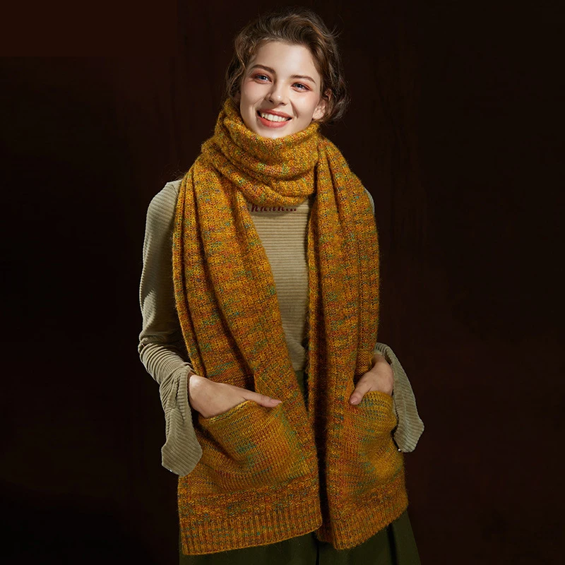 

2019 New Autumn and Winter Fashion Mixed Color Women Adult Mohair Scarf Joker Creative Pockets Thickened Warm Scarf