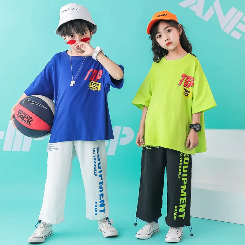 

Children jie wu fu Set Summer Men And Women Children Loose Short Sleeve Hip Hop Performance Clothes Children Fashion-Dance Costu