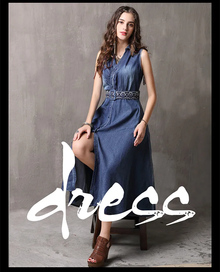 Vintage Summer Tank Dress 2019 Slim Waist Women Dresse Denim Vestidos V-Neck A-Line Sleeveless Belted Sundresses K82093 (1)